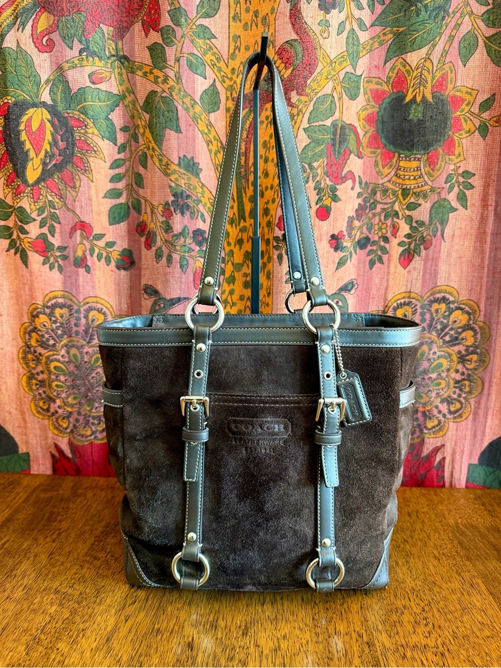 Coach Chocolate Brown Suede Leather Tote Bag Chunky Silver Hardware